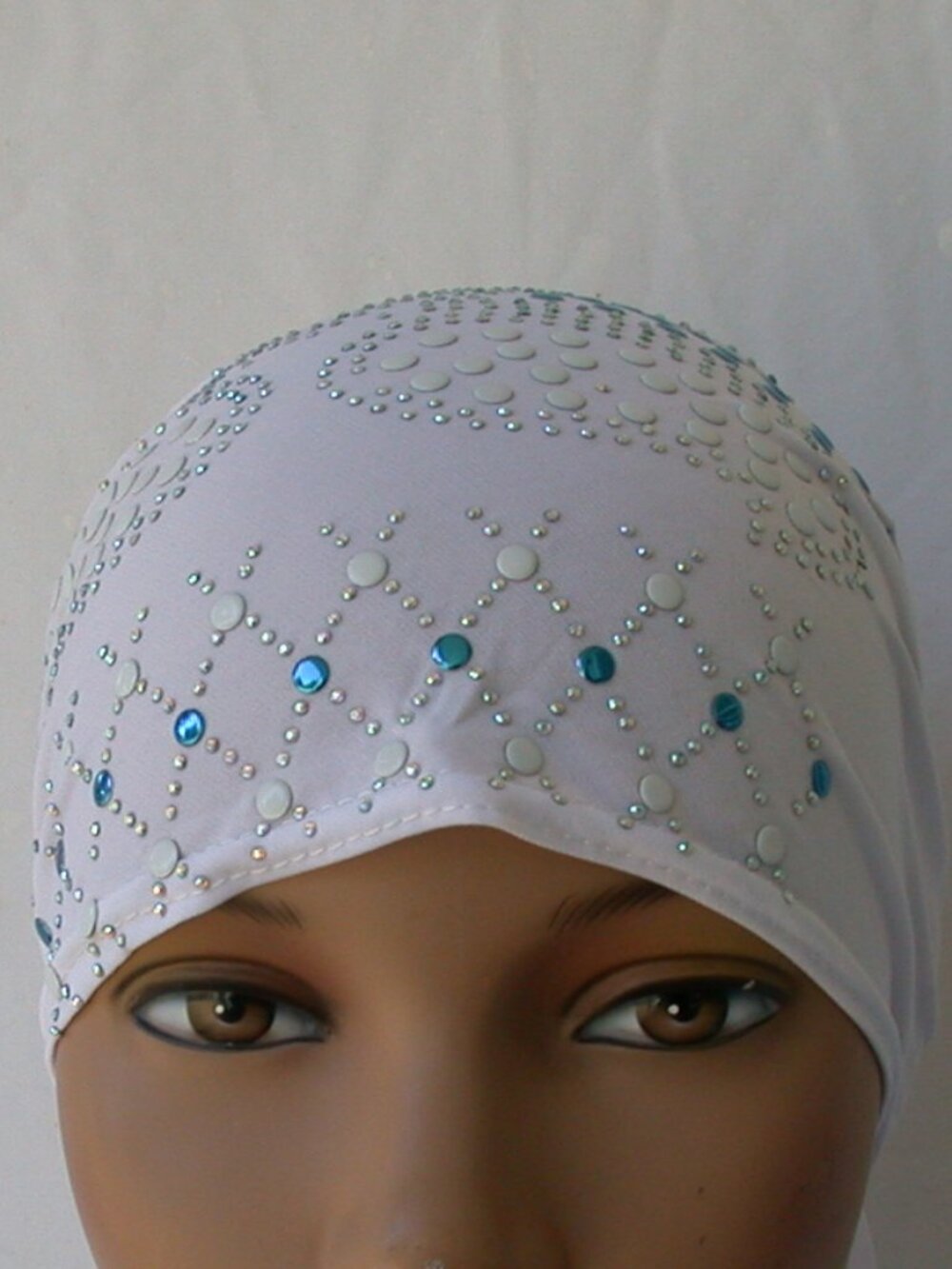 WHITE Fancy Girl Stud Chemo Cap Slip On Bonnet Hijab Undercap #7